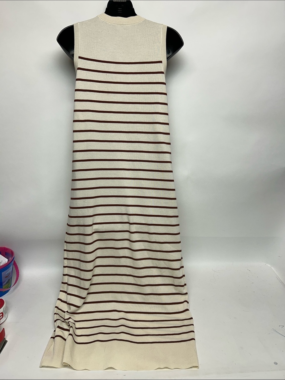 Sleeveless Striped Knit Maxi Dress - Cream with Brown Stripes size small - Picture 5 of 5